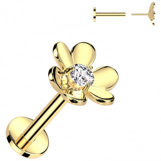 Piercing labret dor� push-in � fleur d�ploy�e avec zirconium (l�vre, tragus, h�lix...)