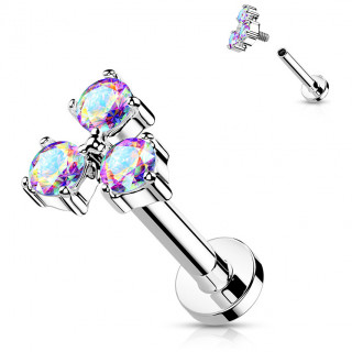 Piercing labret en acier � trio de strass Aurore Bor�ale (filetage interne)