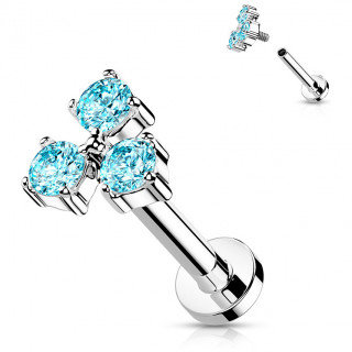 Piercing labret en acier � trio de strass bleus aqua (filetage interne)
