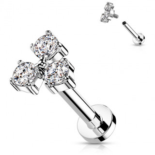 Piercing labret en acier � trio de strass clairs (filetage interne)