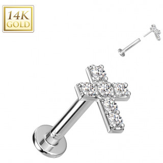 Piercing labret en or blanc 14 carats � croix zirconiums