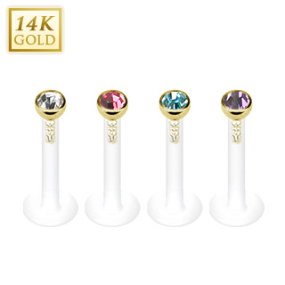 Piercing labret en or 14 carats � zirconium rond et tige bioflex