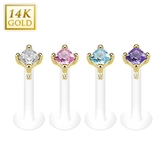 Piercing labret en or 14 carats avec zirconium carr� et tige bioflex