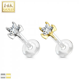 Piercing labret en or 14 carats avec zirconium �toil� et tige bioflex