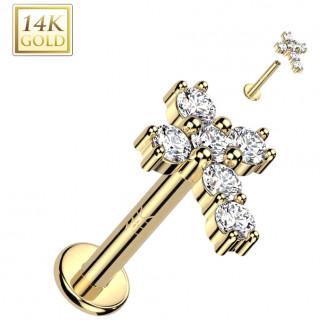 Piercing labret en Or jaune 14 carats � croix latine pav�e de zirconiums