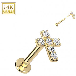 Piercing labret en or jaune 14 carats � croix zirconiums