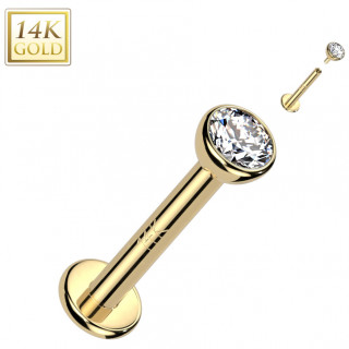 Piercing labret en Or jaune 14 carats � demie sph�re serti zirconium (filetage interne)