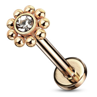 Piercing labret fleur billes strass � filetage interne - Cuivr�