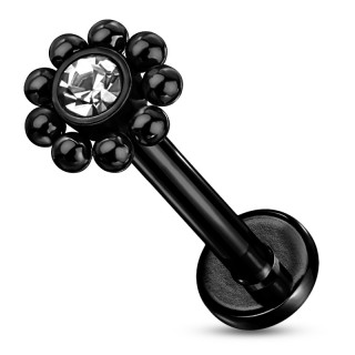 Piercing labret fleur billes strass � filetage interne - Noir