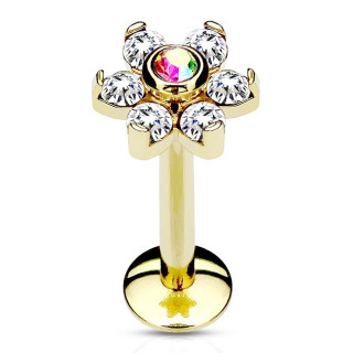 Piercing l�vre fleur dor� � strass clairs et gemme aurore bor�ale centrale