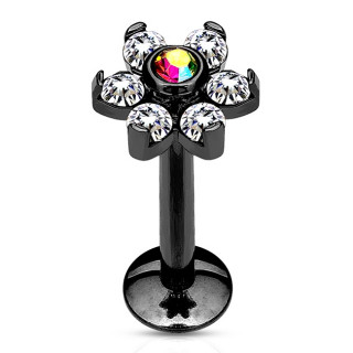 Piercing l�vre fleur noir � strass clairs et gemme aurore bor�ale centrale