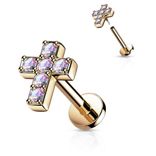 Piercing labret (h�lix, flat...) cuivr� � croix pav�e de strass (filetage interne)