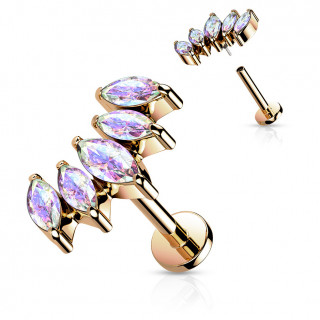 Piercing labret (h�lix, flat...) cuivr� �ventail � 5 pierres en amande (filetage interne)