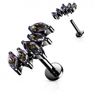 Piercing labret (h�lix, flat...) noir �ventail � 5 pierres en amande (filetage interne)