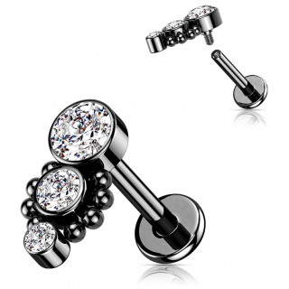 Piercing labret Noir � trio de zirconiums asym�triques bord�s de perles