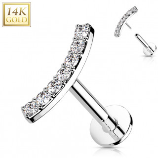 Piercing labret or blanc 14 carats � arc de zirconiums  (h�lix, l�vre...)