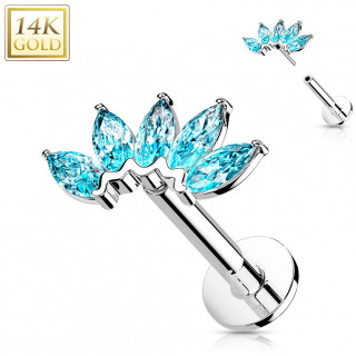 Piercing labret or blanc 14 carats � �ventail de zirconiums  (h�lix, l�vre...) - Bleu aqua