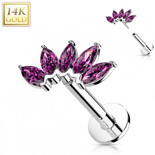 Piercing labret or blanc 14 carats � �ventail de zirconiums  (h�lix, l�vre...) - Pourpre