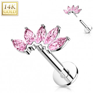 Piercing labret or blanc 14 carats � �ventail de zirconiums  (h�lix, l�vre...) - Rose