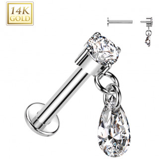 Piercing labret Or Blanc 14 carats � goutte zirconium suspendue