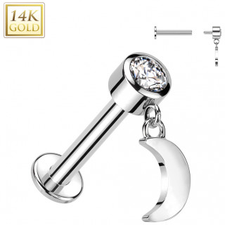 Piercing labret Or Blanc 14 carats � Lune suspendue
