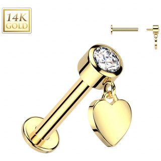 Piercing labret Or Jaune 14 carats � Coeur suspendue