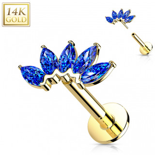 Piercing labret or jaune 14 carats � �ventail de zirconiums  (h�lix, l�vre...) - Bleu