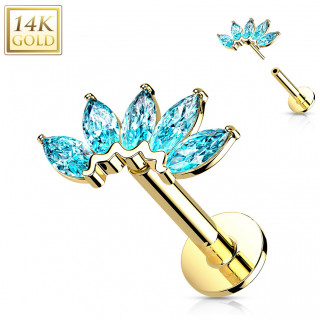 Piercing labret or jaune 14 carats � �ventail de zirconiums  (h�lix, l�vre...) - Bleu aqua