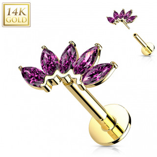 Piercing labret or jaune 14 carats � �ventail de zirconiums  (h�lix, l�vre...) - Pourpre