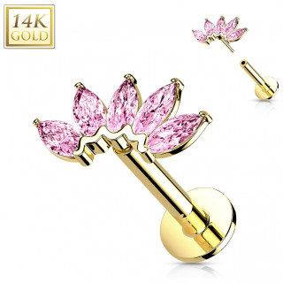 Piercing labret or jaune 14 carats � �ventail de zirconiums  (h�lix, l�vre...) - Rose