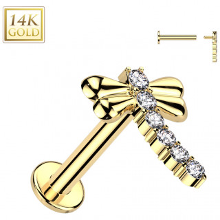 Piercing labret Or Jaune 14 carats � Libellule zirconiums