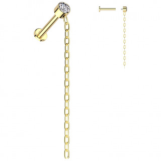Piercing labret d'oreille en Titane dor� � zirconium et longue cha�ne (h�lix, lobe...)