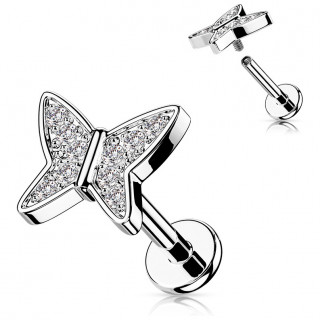 Piercing labret papillon � strass � filetage interne (l�vre, h�lix, flat...)