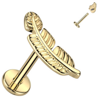 Piercing labret Plume Titane dor� � filetage interne (l�vre, tragus, h�lix...)