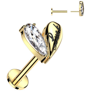 Piercing labret Push-in dor� � coeur bomb� serti grav� "Luck"