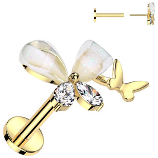 Piercing labret push-in dor� double papillon fantaisie (l�vre, tragus, h�lix...)