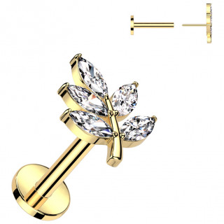 Piercing labret push-in dor� � feuille de zirconiums (l�vre, lobe, h�lix...)