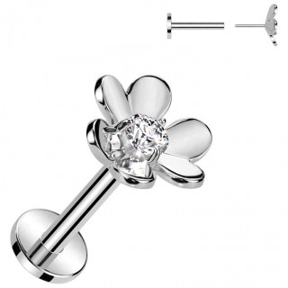 Piercing labret push-in � fleur d�ploy�e avec zirconium (l�vre, tragus, h�lix...)