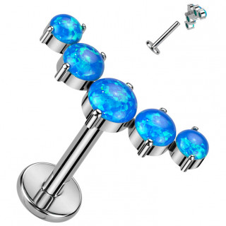 Piercing labret Titane � Arc d'opales asym�triques bleues (h�lix, l�vre...)