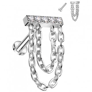 Piercing labret Titane barre de zirconiums � double cha�ne