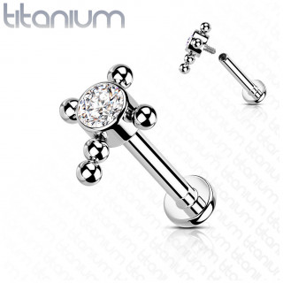 Piercing labret Titane � croix de perles et zirconium - Clair (l�vre, h�lix...)