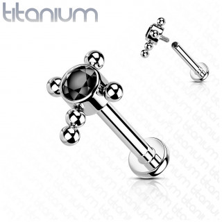 Piercing labret Titane � croix de perles et zirconium - Noir (l�vre, h�lix...)