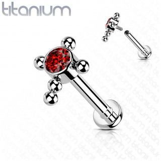 Piercing labret Titane � croix de perles et zirconium - Rouge (l�vre, h�lix...)