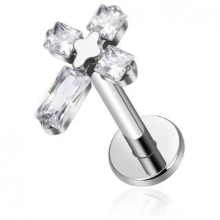 Piercing labret Titane � croix pav�e de zirconiums (h�lix, tragus, flat..)