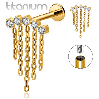 Piercing labret Titane dor� � arc de zirconiums et cascade de chainettes (l�vre et oreille)