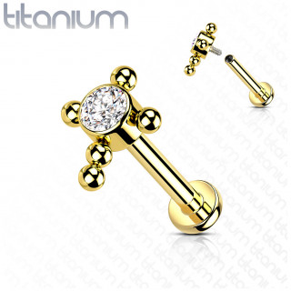 Piercing labret Titane Dor� � croix de perles et zirconium (l�vre, h�lix...)