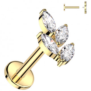 Piercing labret Titane dor� � feuillage de zirconiums (l�vre, h�lix, tragus...)