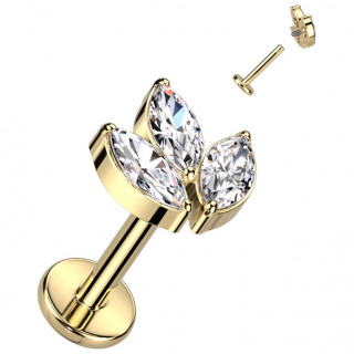 Piercing labret Titane dor� � Feuille d'�rable zirconiums clairs (l�vre, tragus, h�lix...)