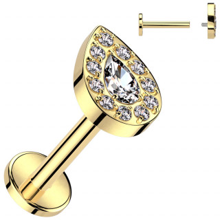 Piercing labret Titane dor� Goutte exquise sertie (l�vre, h�lix, flat, lobe...)