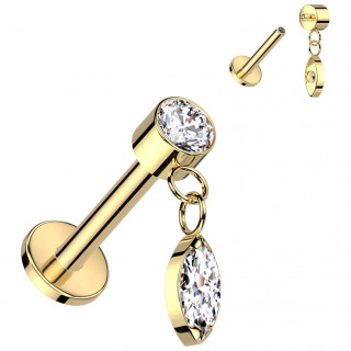Piercing labret Titane dor� � pendentif zirconium en amande (l�vre, tragus, h�lix...)